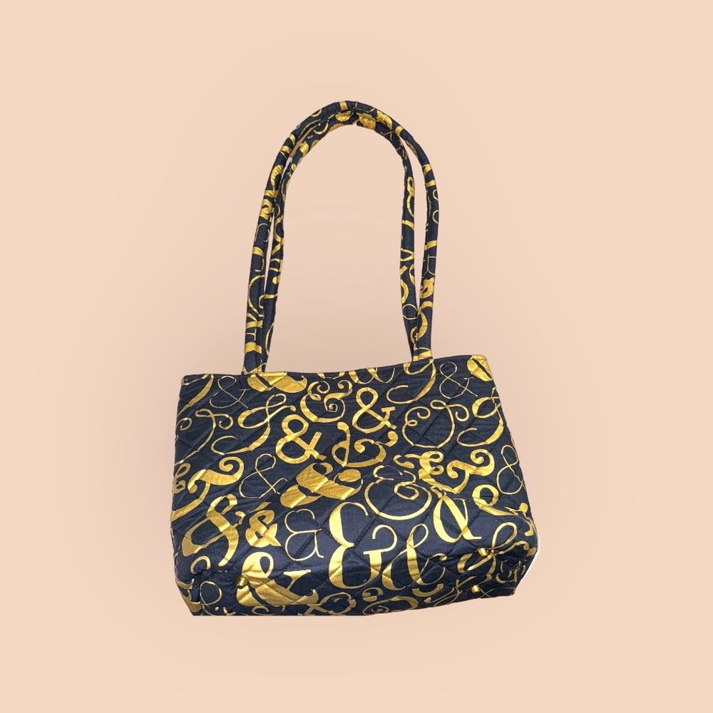 Black & Gold Tote Bag Purse Handbag Large Long Straps Pockets Feet Gold Lining